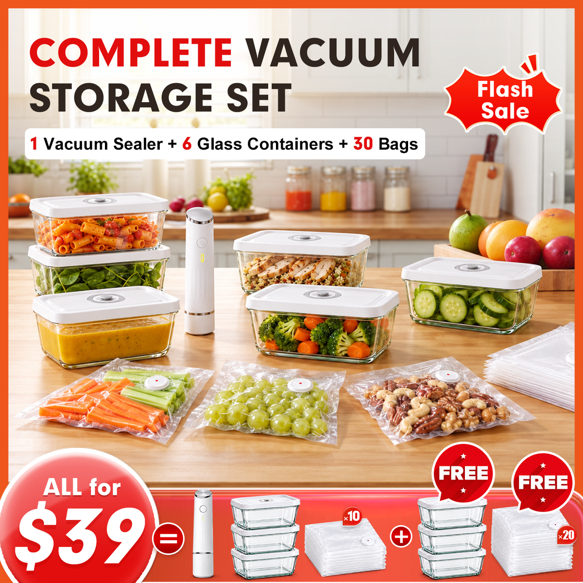 Handheld Vacuum Sealer Kit — 6 Containers + 30 Reusable Bags