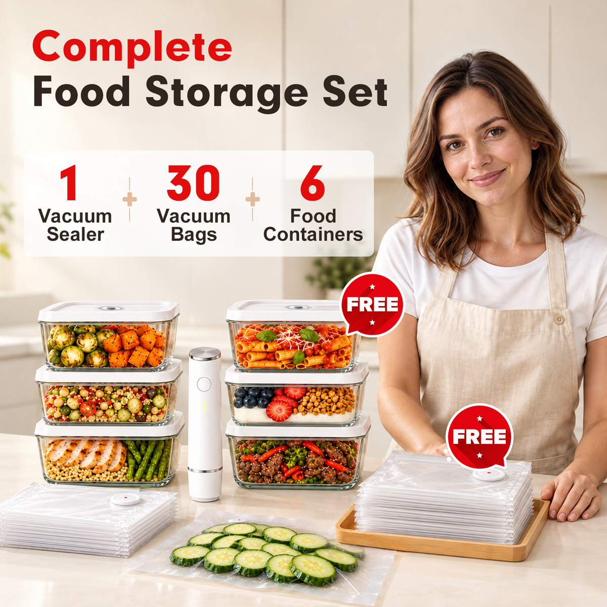 Handheld Vacuum Sealer Kit — 6 Containers + 30 Reusable Bags