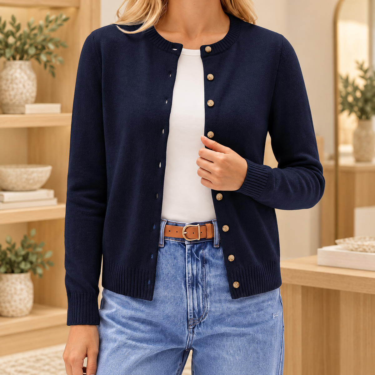 Women's Crew Neck Button-Front Knit Cardigan