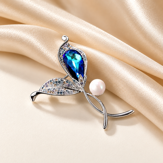 Blue Teardrop Leaf Brooch with Pearl Accent