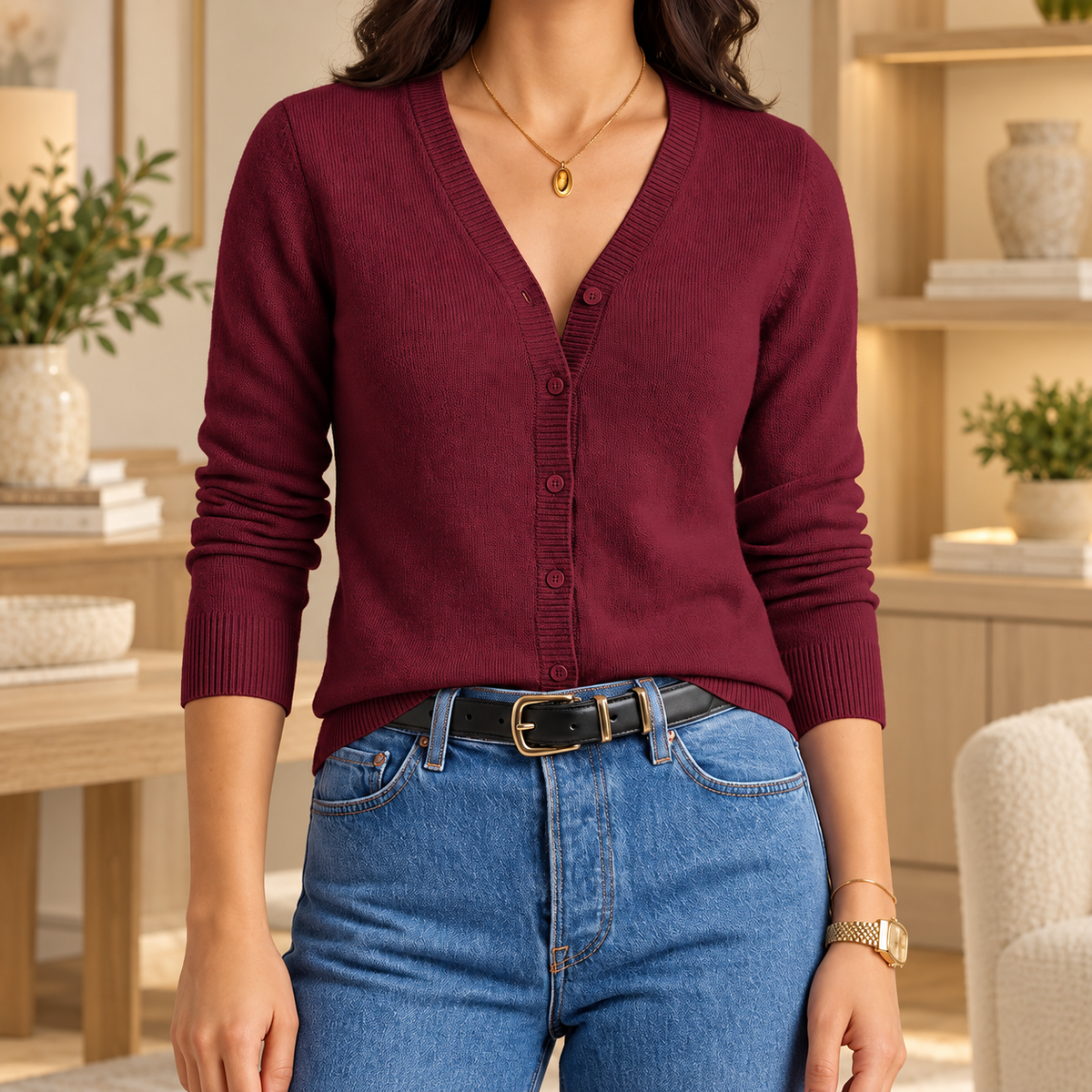 Women's V-Neck Button-Front Knit Cardigan