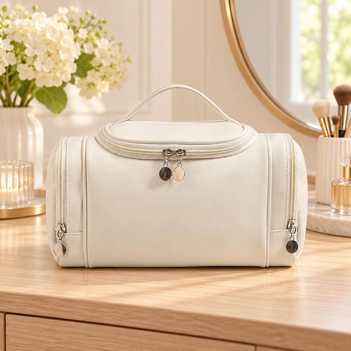 Travel Makeup Organizer Bag with Handle and Side Compartments