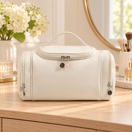 Travel Makeup Organizer Bag with Handle and Side Compartments