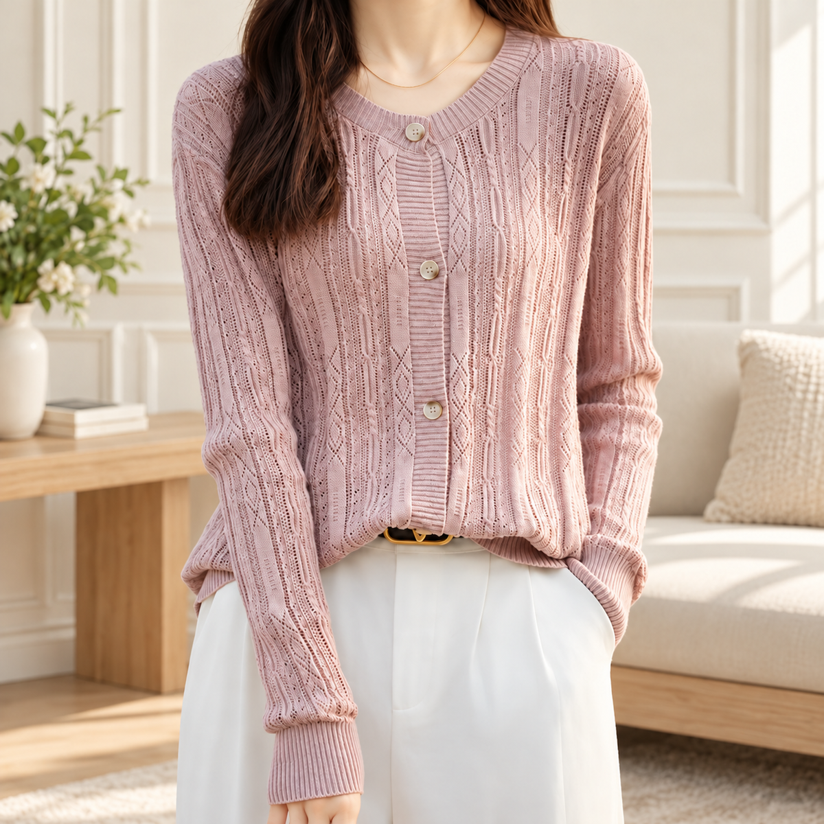 Women’s Pointelle Knit Button-Front Cardigan
