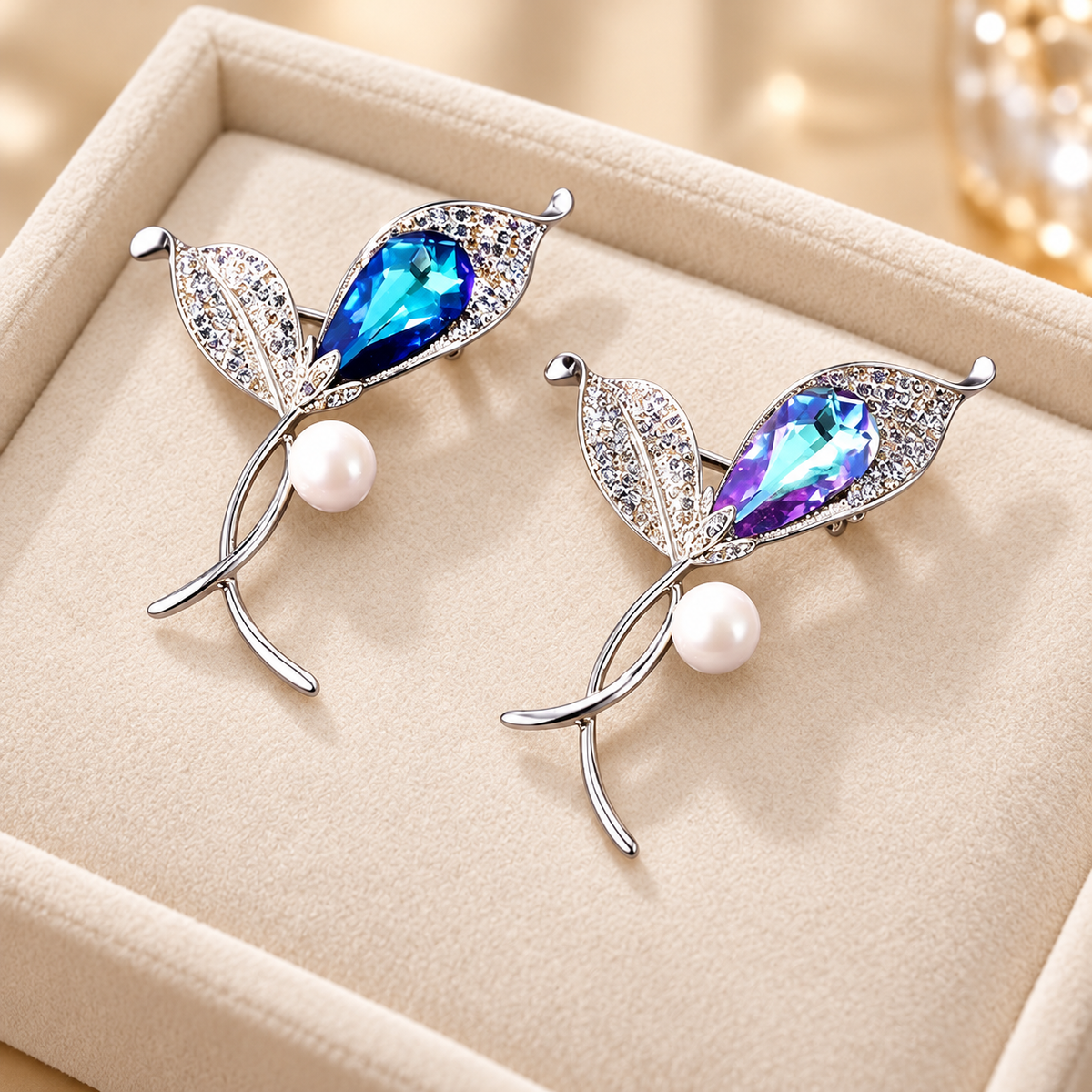 Blue Teardrop Leaf Brooch with Pearl Accent