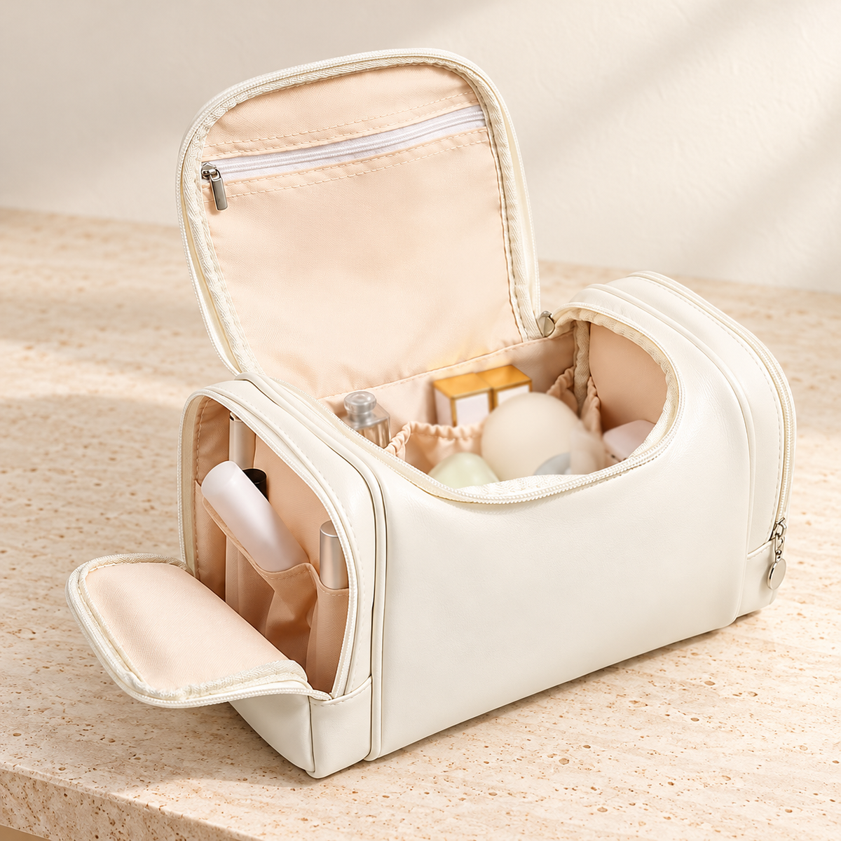 Travel Makeup Organizer Bag with Handle and Side Compartments