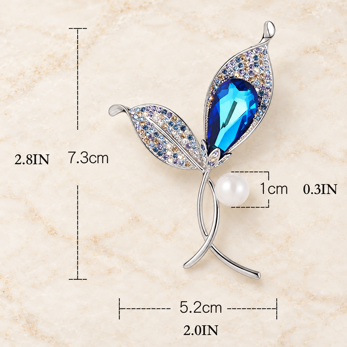Blue Teardrop Leaf Brooch with Pearl Accent