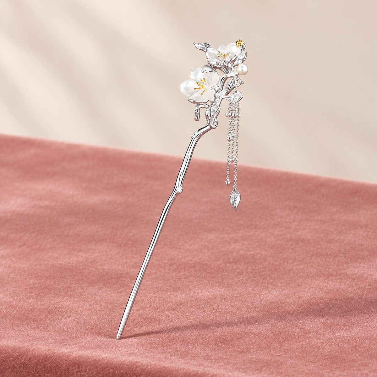 Silver-Tone Floral Hair Stick with Dangling Tassels