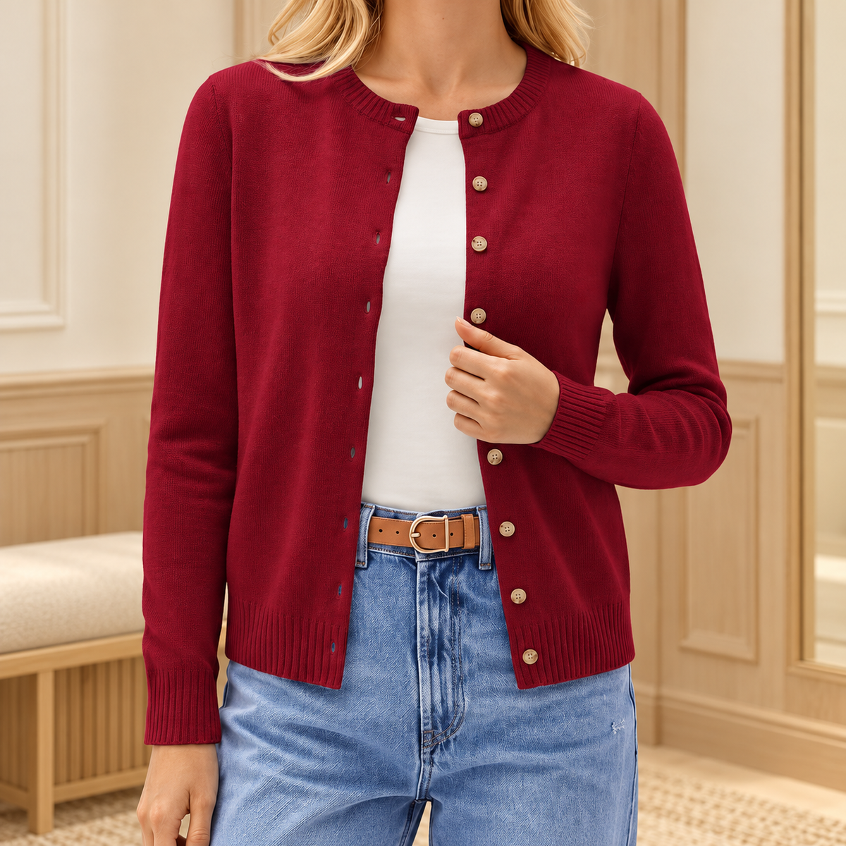 Women's Crew Neck Button-Front Knit Cardigan