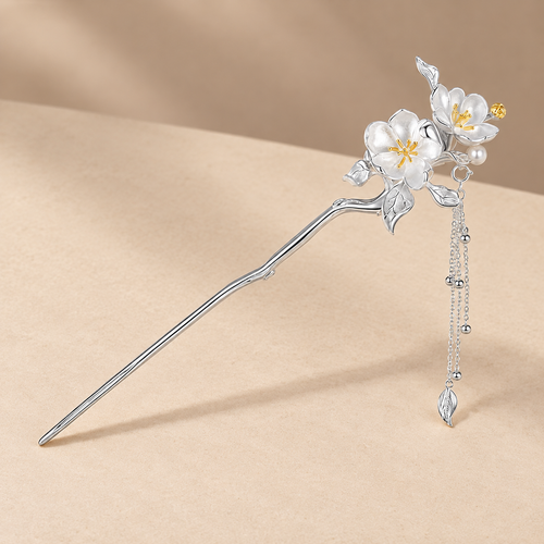 Silver-Tone Floral Hair Stick with Dangling Tassels