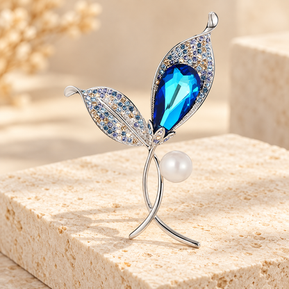 Blue Teardrop Leaf Brooch with Pearl Accent