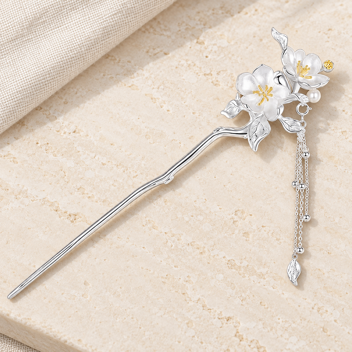 Silver-Tone Floral Hair Stick with Dangling Tassels