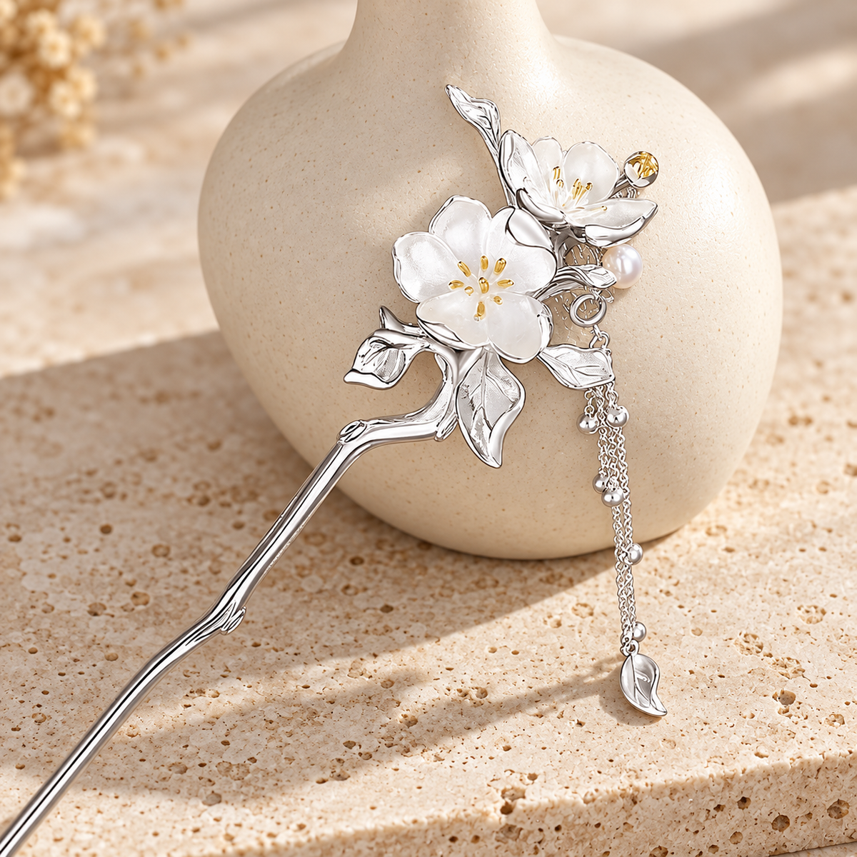 Silver-Tone Floral Hair Stick with Dangling Tassels