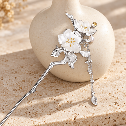 Silver-Tone Floral Hair Stick with Dangling Tassels