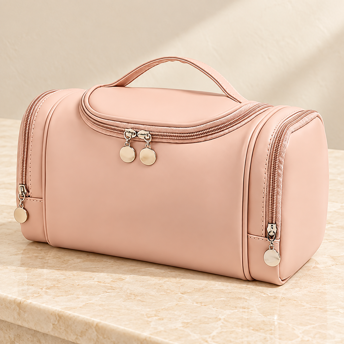 Travel Makeup Organizer Bag with Handle and Side Compartments