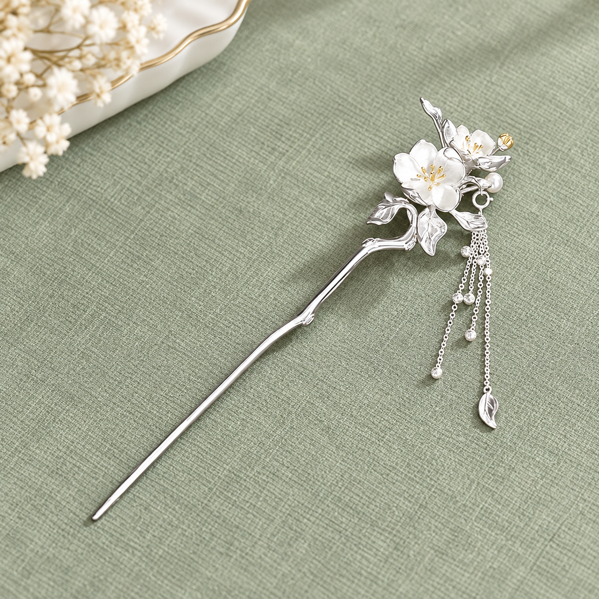 Silver-Tone Floral Hair Stick with Dangling Tassels